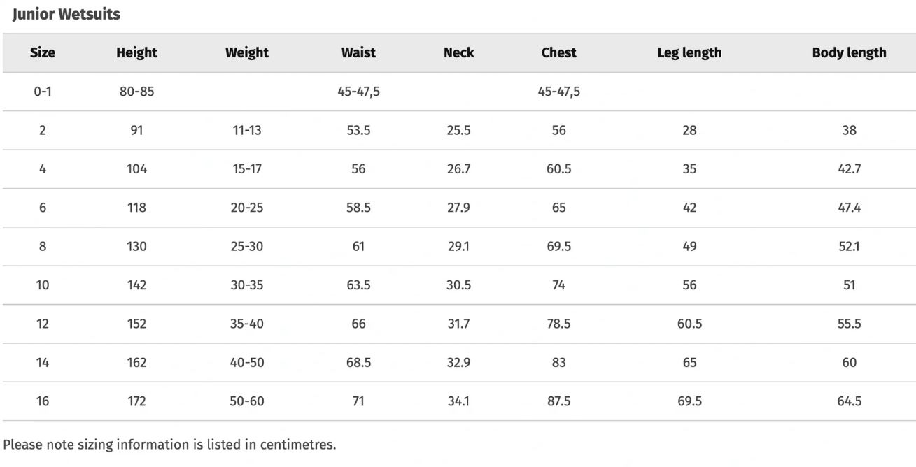 junior ripcurl sizing chart
